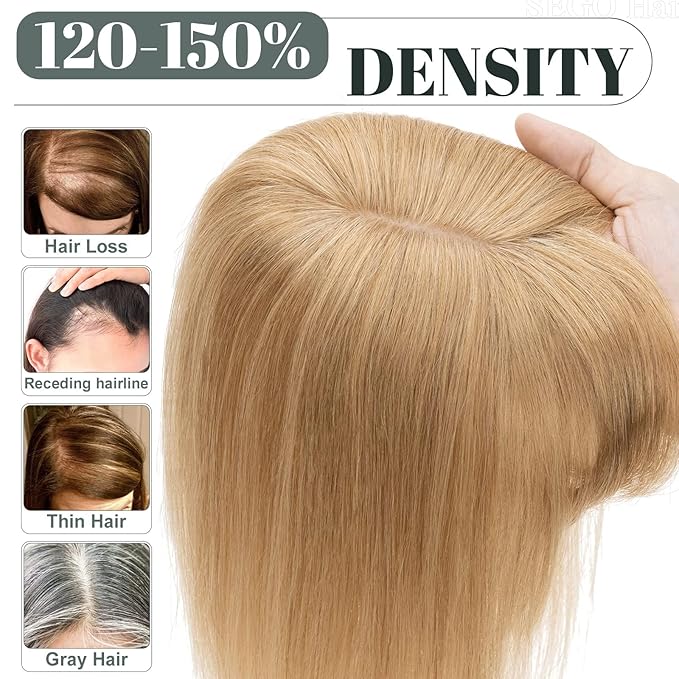 SEGO Hair Toppers for Women Real Human Hair with Thinning Hair, Toppers Hair Clip in Toppers Straight with Front Bangs 150% Density Silk Base -12 Inch #27 Dark Blonde