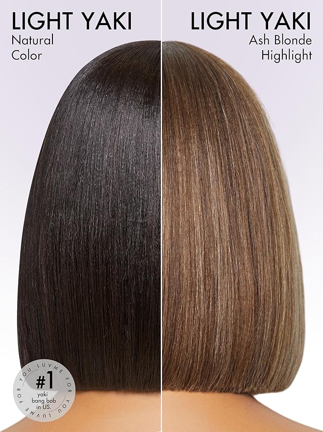 LUVME HAIR 14Inch Ash Blonde Highlights Yaki Blunt Cut Bob Wig with Bangs Glueless Minimalist Lace Short Wig Breathable Cap