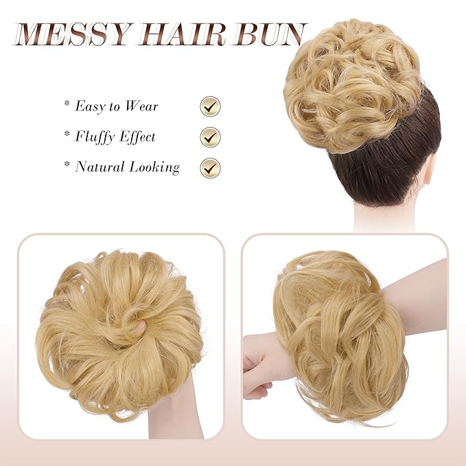 FESHFEN Messy Bun Hair Piece - Large Elastic Wavy Curly Hair Bun Scrunchies Ponytail Extensions Synthetic Chignon Hairpieces for Women, Champagne Blonde 1.94oz