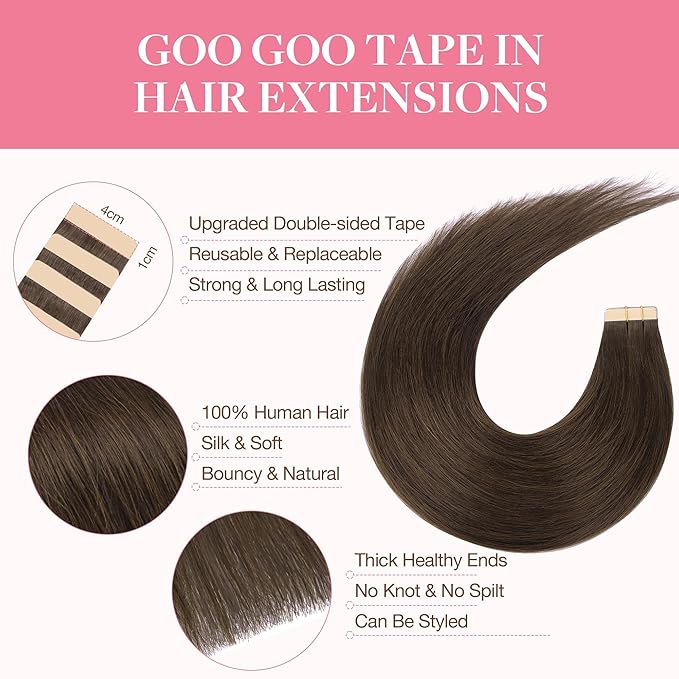 GOO GOO Tape in Hair Extensions Human Hair, 4A Chocolate Brown, 10inch 60g 40pcs, Skin Weft Seamless Invisible, Silky Straight with Thick Ends, Remy Human Hair