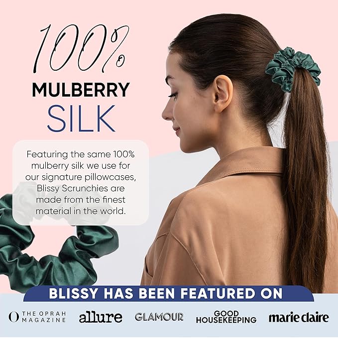 Blissy Silk Scrunchies (3 Pack) - 100% Pure Mulberry Silk - 22 Momme 6A High-Grade Fibers Scrunchie for Straight & Curly Hair (Emerald, Skinny)