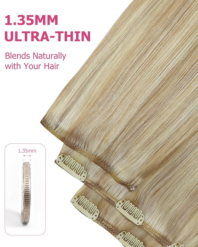 YoungSee 135G Clip in Hair Extensions Light Blonde Clip in Hair Extensions Real Human Hair Highlighted Light Blonde with Golden Blond Real Hair Extension Clip ins Human Hair 18Inch 7Pcs