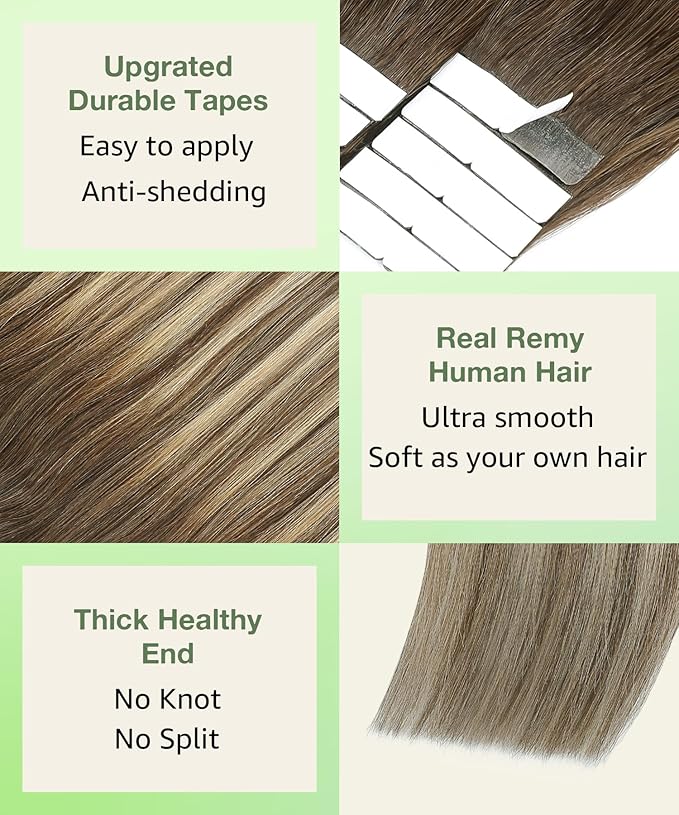SURNEL 18 inch Tape in Hair Extensions Balayage Chocolate Brown to Caramel Blonde Human Hair Extensions Tape in 20pcs 50g(#4/27/4-18)