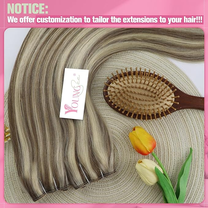 YoungSee Wire Hair Extensions Human Hair Highlight Hair Extensions Wire Light Brown Highlights Blonde Fish Line Hair Extension Real Human Hair for Women 16In 80G