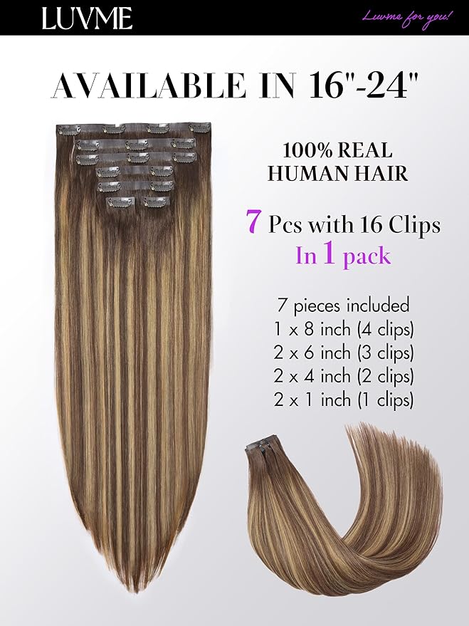 LUVME Straight Seamless 110g 7Pcs Clip in Hair Extensions Full Max with 24inch Remy Human Hair Extensions, Highlight Color 100% Real Soft Human Hair