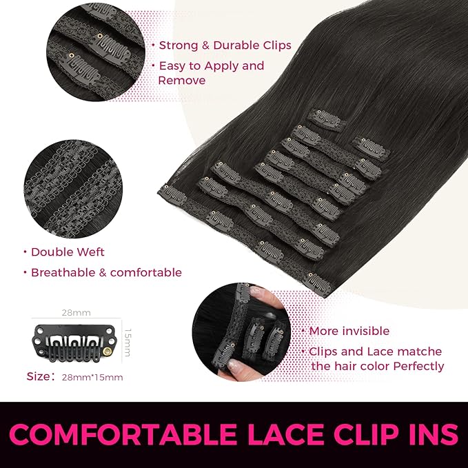 Lashey Clip in Hair Extensions, Straight 9pcs 150g Natural Black, 14 Inch Real Human Hair Thick Hair Extensions Clip ins for Black Women