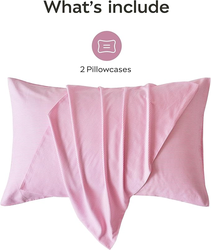 JELLYMONI 100% Natural Cotton Striped King Pillowcases Set, 2 Pack White and Thin Pink Striped Pattern Printed Pillow Covers with Envelope Closure(Pillows are not Included)