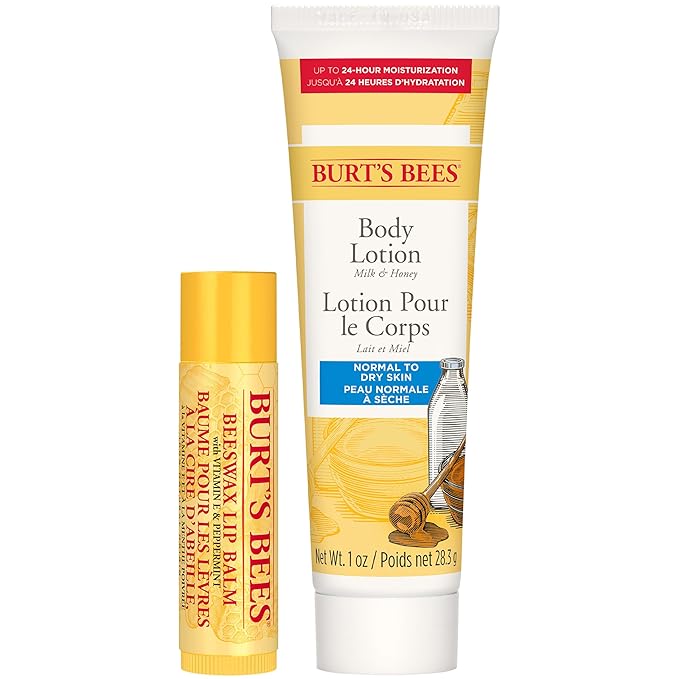 Burt's Bees Hive Favorites Beeswax Holiday Gift Set, Beeswax Lip Balm and Travel Size Body Lotion with Milk and Honey