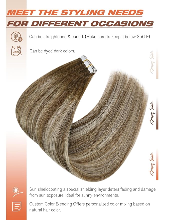 Sunny Hair Tape in Hair Extensions Medium Brown Balayage Blonde Tape in Hair Extensions Human Hair, 16 inch Remy Hair Extensions Tape in 20Pcs 50g