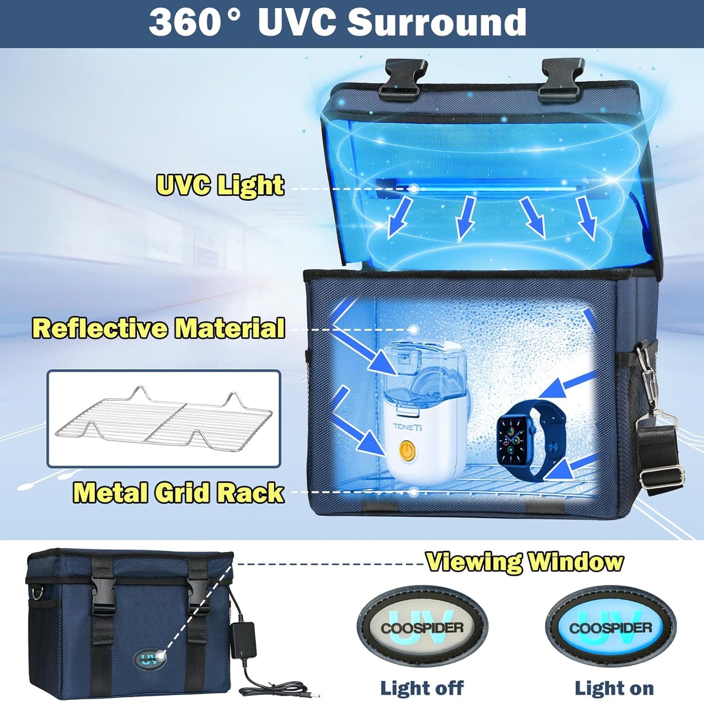 UVC Sanitizer Box Ozone Free with Timer, Portable Large Cleaner Bag with USB Port, UV Light Blue Tote for Mask, Cell Phone, Baby Bottle, Key, Towel 12L/3.17 gal