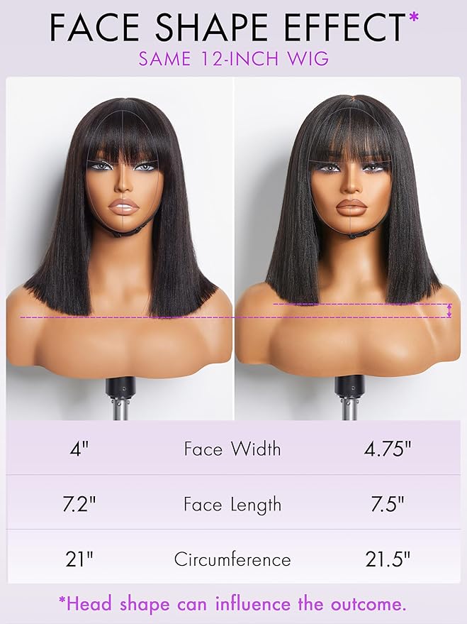 LUVME HAIR 12 Inch Light Yaki Straight Bob Wig with Bangs Human Hair Realistic HD Lace Short Black Bob Wigs, Ready to Go Blunt Cut Bob Wig Glueless 180 Density