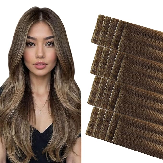COOKAYU Invisible Tape in Extensions Human Hair, Medium Brown to Caramel Blonde 20Inch 45g 20pcs Injected Tape in Human Hair Straight Invisi Edge Extension