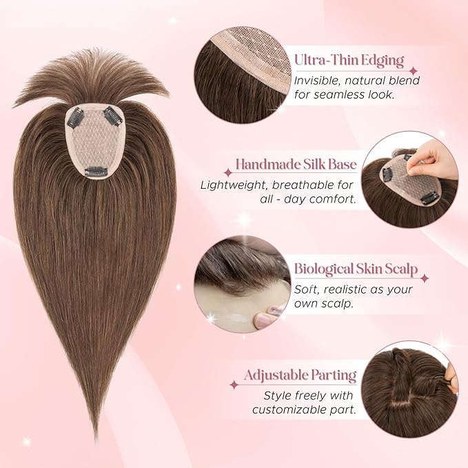 Real Human Hair Toppers for Women 3.54"*4.72" Silky Base 150% Density With Bangs Adjustable Parting Clip-In Topper Hairpieces for Women with Thinning Hair 10 Inches Dark Brown
