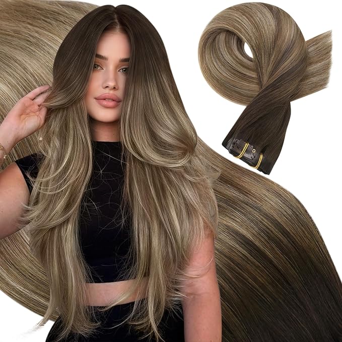 Moresoo Brown to Blonde Balayage Hair Extensions Seamless Clip in Hair Extensions Real Human Hair Dark Brown to Golden with Dark Honey Blonde Clip ins Human Hair for Women 135g/7pcs 18in