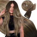 Moresoo Brown to Blonde Balayage Hair Extensions Seamless Clip in Hair Extensions Real Human Hair Dark Brown to Golden with Dark Honey Blonde Clip ins Human Hair for Women 135g/7pcs 18in