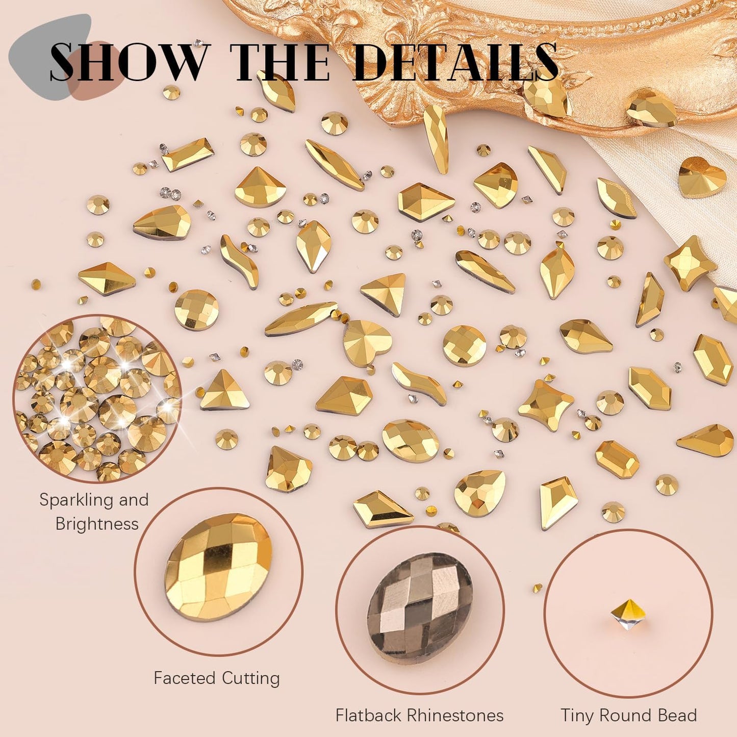 2750Pcs Mineral Gold Glass Nail Rhinestones 240Pcs Multi Shapes Flatback Nail Gems + 2510Pcs 1.5-4mm Round Crystal, Manicure Nail Charms Diamond Gemstones for Acrylic Nails Decoration