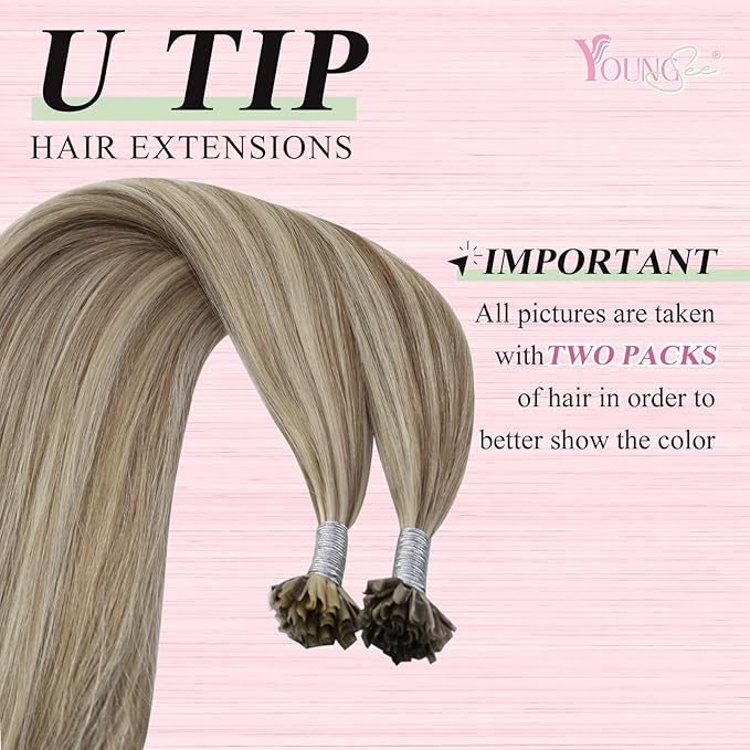YoungSee U Tips Hair Extensions Real Human Hair Brown to Blonde Pre Bonded Utip Hair Extensions Light Brown Highlight Blonde Human Hair K Tips Extension Highlight for Short Straight Hair 14In 50s/50g