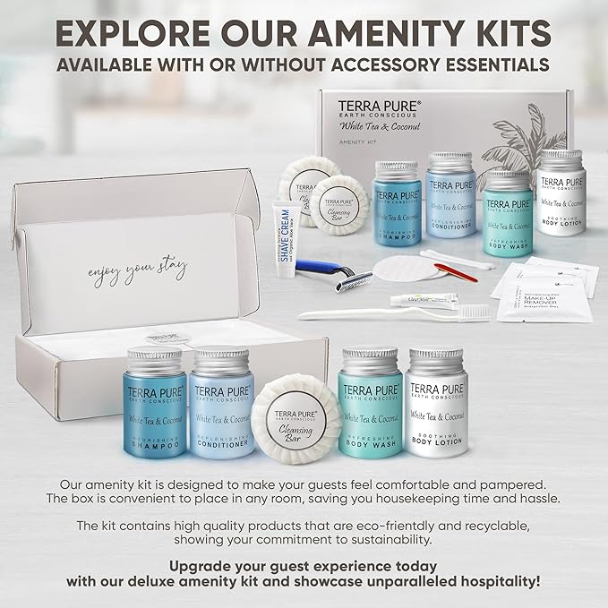 Terra Pure White Tea and Coconut Amenity Kit | Hotel Toiletries | 1oz Travel Size Shampoo, Conditioner, Lotion, Body Wash & Cleansing Bar for Guest Hospitality AirBnB/Vacation Rentals | 1 set/case