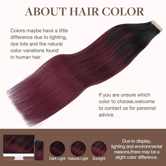 GOO GOO Tape in Hair Extensions Human Hair, 1/99 Balayage Jet Black to Red, 24inch 100g 40pcs, Skin Weft Seamless Invisible, Silky Straight with Thick Ends, Remy Human Hair