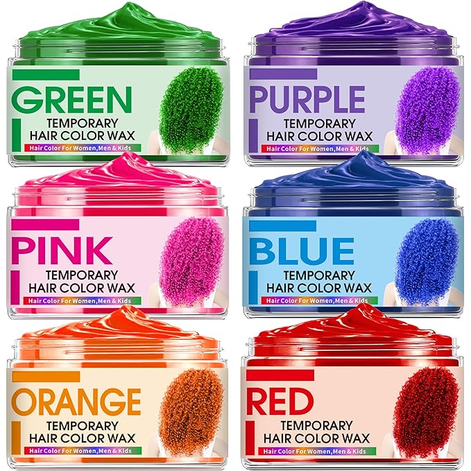 6 Color Temporary Hair Color Wax,Christmas Gifts,Stocking Stuffers for Kids, Blue Green Purple Pink Orange Red Hair Dye Natural Instant Hair Wax Color,DIY Temporary Hair Color for Kids Teens Women Men