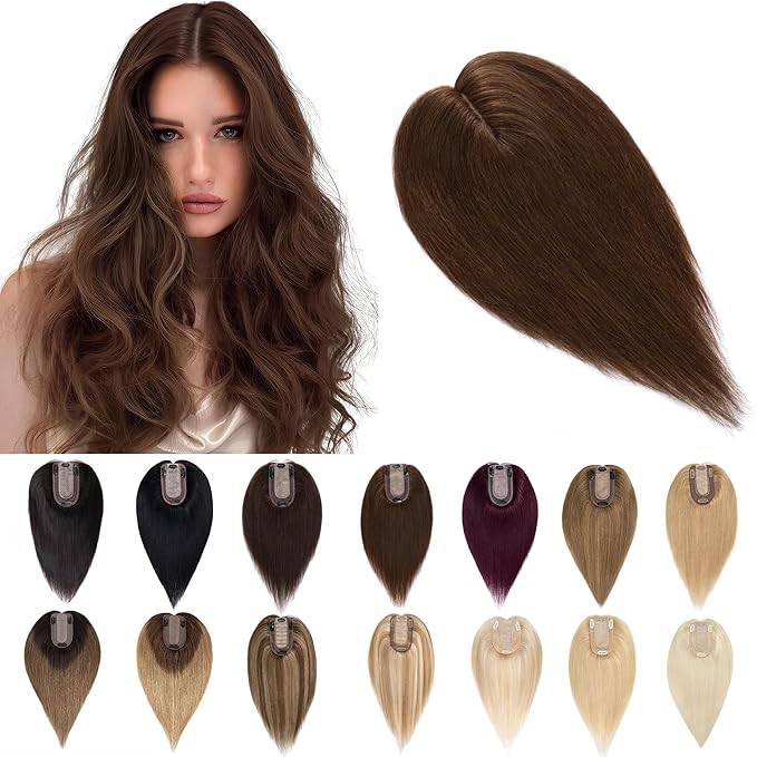 SEGO Human Hair Toppers for Women With Thinning Hair, 7 * 13CM Silk Base 100% Real Human Hair Clip in Top Wiglet Hairpieces -6 Inch No Bangs Medium Brown