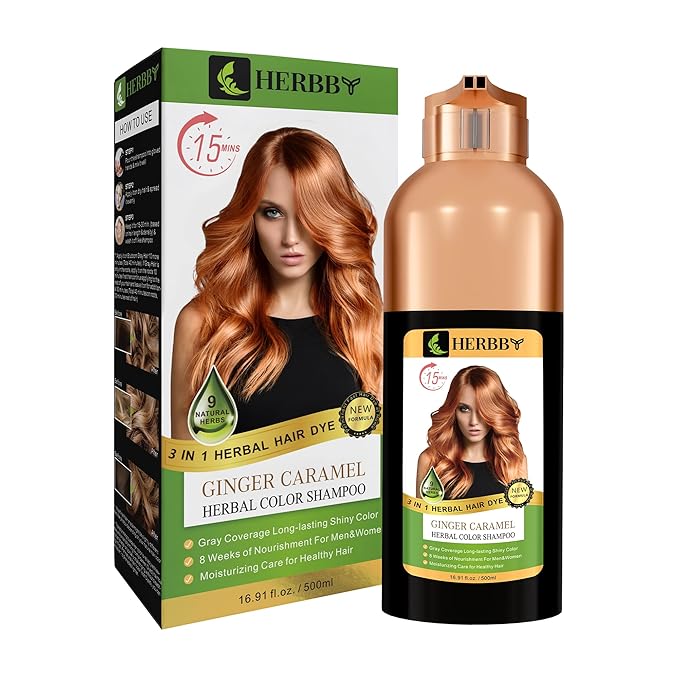Hair Color Shampoo for Gray Hair Coverage&Color Transform with 9 Herbal Extracts –Long Lasting(6-8 Weeks),Shiny,Evenly Colored,Instant Hair Dye Shampoo&Conditioner,500 Ml (GINGER CARAMEL COLOR)