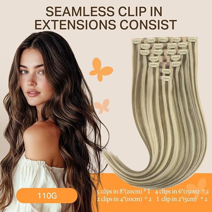 DOORES Real Human Hair Extensions, Light Brown Highlighted Medium Blonde, 7pcs 110g 16 Inch Seamless Clip in, Remy Hair, Natural Straight, Invisi Edge