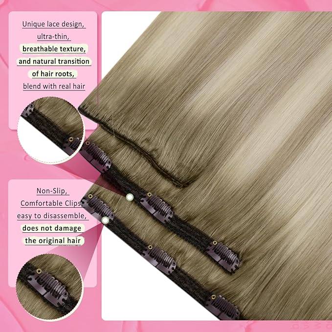 YoungSee Clip in Hair Extensions Real Human Hair Blonde Ombre Clip in Human Hair Extensions Ombre Ash Blonde Mix Platinum Blond Clip on Hair Extension for Women Dyable Remy Hair 120G 7pcs 18Inch
