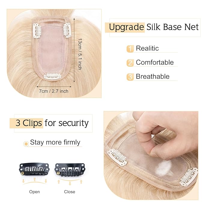 SEGO Hair Toppers for Women Real Human Hair With Bangs, 7 * 13CM Silk Base 100% Remy Human Hair Clip in Top Wiglet Hairpieces Add Volume 10 Inch Ash Blonde&Bleach Blonde