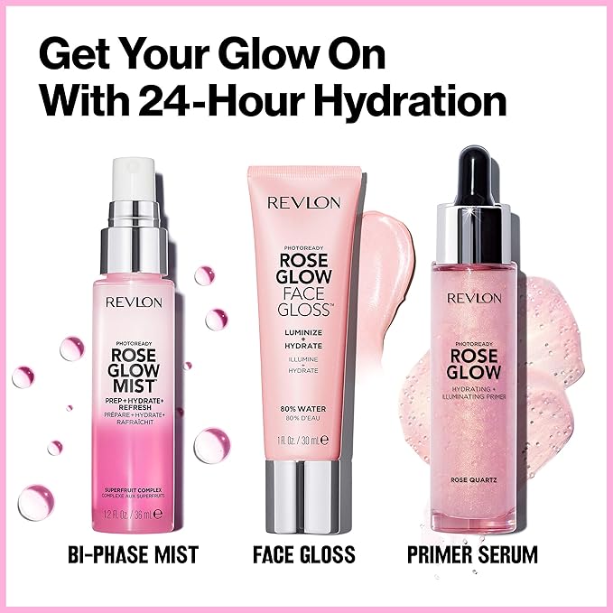 Revlon Face Primer, PhotoReady Face Gloss Rose Glow, Face Makeup for All Skin Types, Hydrates, Illuminates & Moisturizes, Infused with Glycerin & Olive Oil Extract, 80% Water, 1 Fl Oz