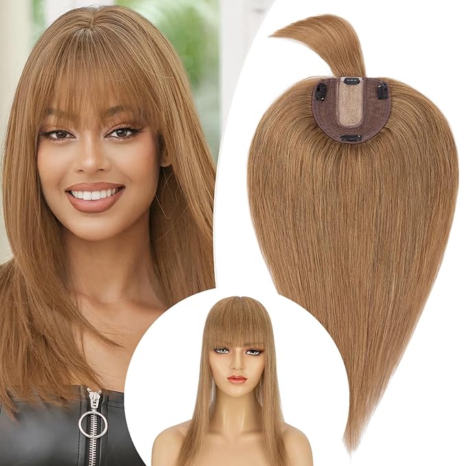 Rich Choices Real Human Hair Toppers for Women With Bang 100% Remy Human Hair Topper for Thinning Hair Clip in Silk Base Hair Topper 10 Inch #6 Light Brown