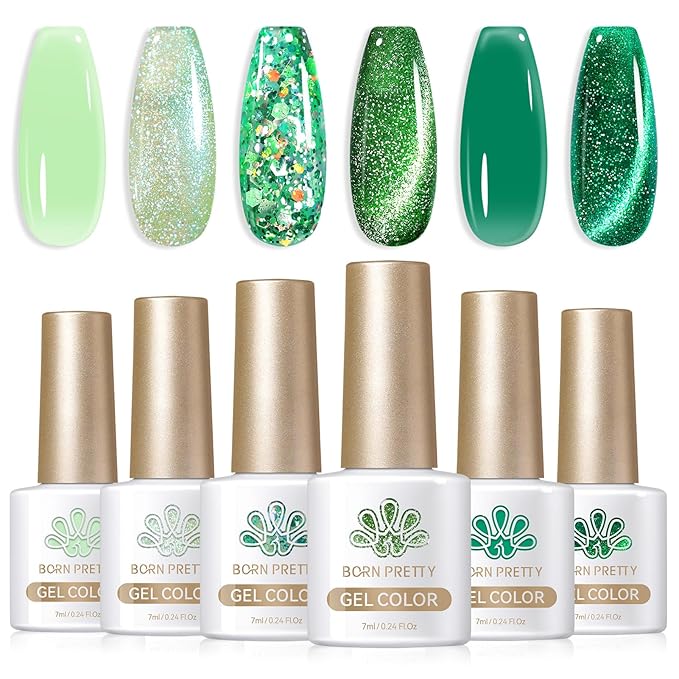 Born Pretty Gel Nail Polish Green Series,Jelly Transparent Gel Nail Polish, Cat Magnetic Eye,Shimmer Glitter Holographic Green Gel Polish Kit for Salon Manicure and Nail Art DIY at Home 6PCS 7ml