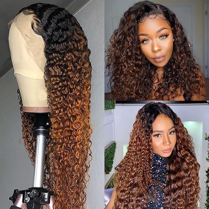 Ombre Brown Lace Front Wigs Human Hair Pre Plucked Curly Wave Brazilian Virgin Hair 13X4 HD Transparent Lace Frontal Wigs with Baby Hair 180% Density 26 Inch