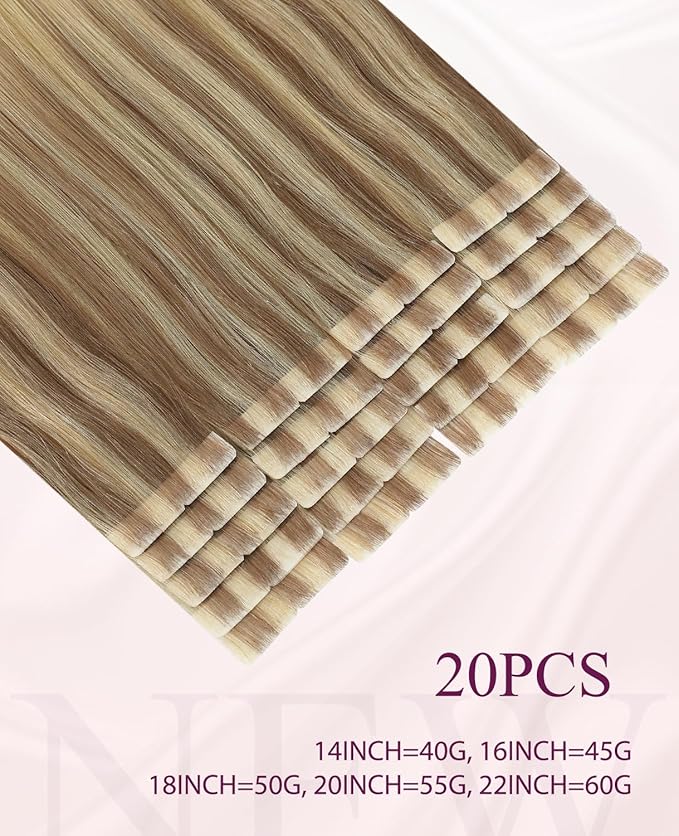 Pinkpearl Invisible Tape in Hair Extensions Human Hair, 20pcs 16inch 45g #10/27/27 Golden Brown to Caramel Blonde Injection Tape in Extensions Real Remy Seamless Human Hair Injected