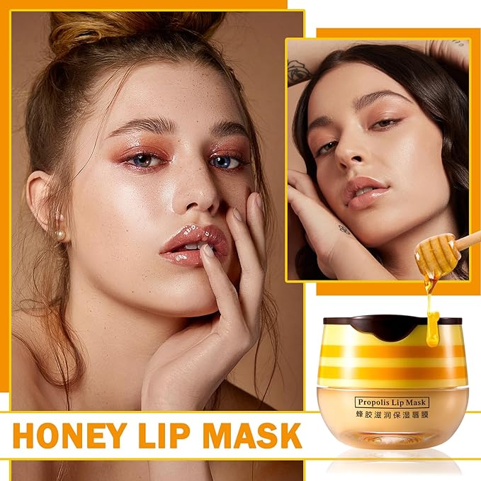 Lip Balm Honey Pot,Moisturizing Lip Balm Reduces Lip Lines,Propolis Honey Pot Lip Balm Hydrating Prevention Dry and Cracked Lip Scrubs Exfoliator,Exfoliating Lip Sleeping Mask with Brush