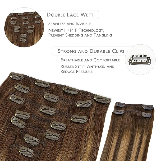 WENNALIFE Clip in Hair Extensions, 150g 14 Inch 9pcs Balayage Chocolate Brown to Honey Blonde Human Hair Extensions Thicker Clip in Hair Extensions Real Human Hair Clip Set Double Weft
