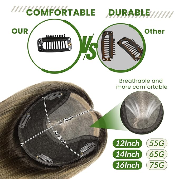 Hair Toppers for Women Real Human Hair, 6x7 inch Larger Silk Base 150 Density 55 grams 12inch Clip In Topper Hair pieces Dark Brown to Dirty Blonde Wiglet Top Pieces Add Volume（#2618 12inch）