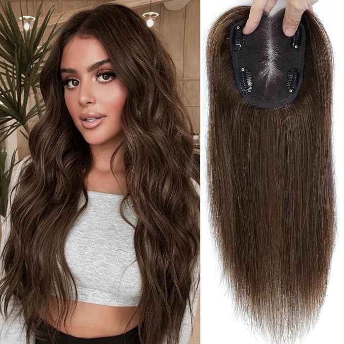 YAMI Hair Toppers for Women Real Human Hair, Human Hair Topper with Swiss Base Hairpieces for Women with Thinning Hair 12 Inch 40g - Medium Brown