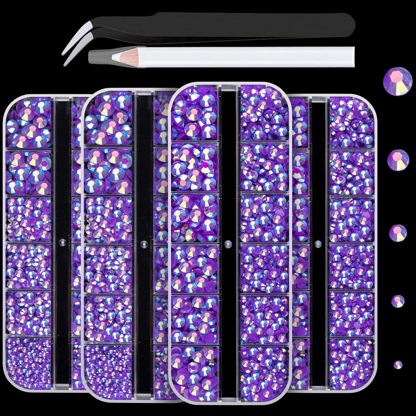 7000PCS Resin Rhinestones with Tweezers for Crafting, 2/3/4/5/6mm Flatback Jelly Rhinestones, 4 Box Dark Purple AB Non Hotfix Crystal Gems for DIY Crafts Mugs Tumblers Clothes Makeup Nail