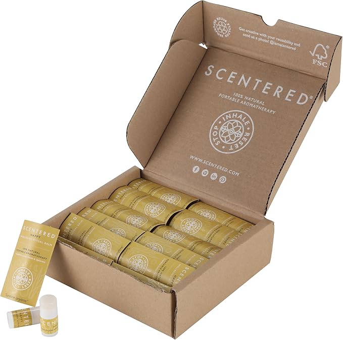Scentered Party Favors for Wedding, Anniversary, Birthday - 30 x Mini Aromatherapy Inhaler Balm Sticks - Happy: Uplifting Essential Oils Blend - Adult Party Favors for Women & Men