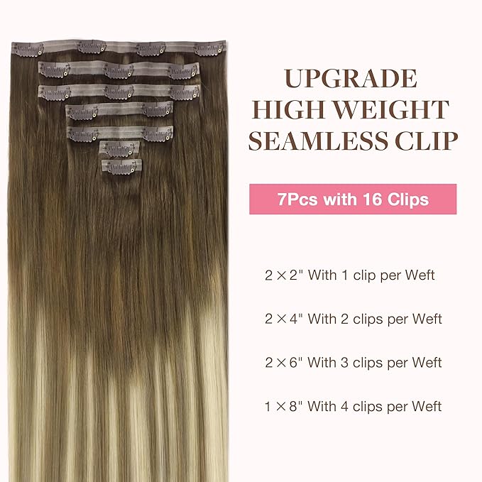 GOO GOO Clip in Hair Extensions Real Human Hair, Remy Human Hair Extensions Clip ins for Women, Natural Human Hair, 20inch 150g 7Pcs, 3/8/613 Balayage Walnut Brown to Ash Brown and Bleach Blonde