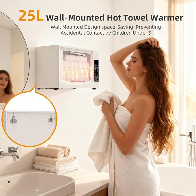 SIXRARI 25L Hot Towel Warmer Cabinet, Wall-Mounted Towel Warmers, Rapid Heating(20/40/60 min), LED Display, Smart Timed Towel Heater for Bathroom, Fits Up to 2 Large Towels, Blankets or Robes(White)