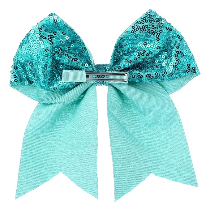 Large Glitter Cheer Bows Clips, Jumbo Big 7 Inch Cheerleading Sequin Hair Bow Hair Accessories for Teens Girls Football Sports Cheerleader Outfit Uniform (Peacock Green)