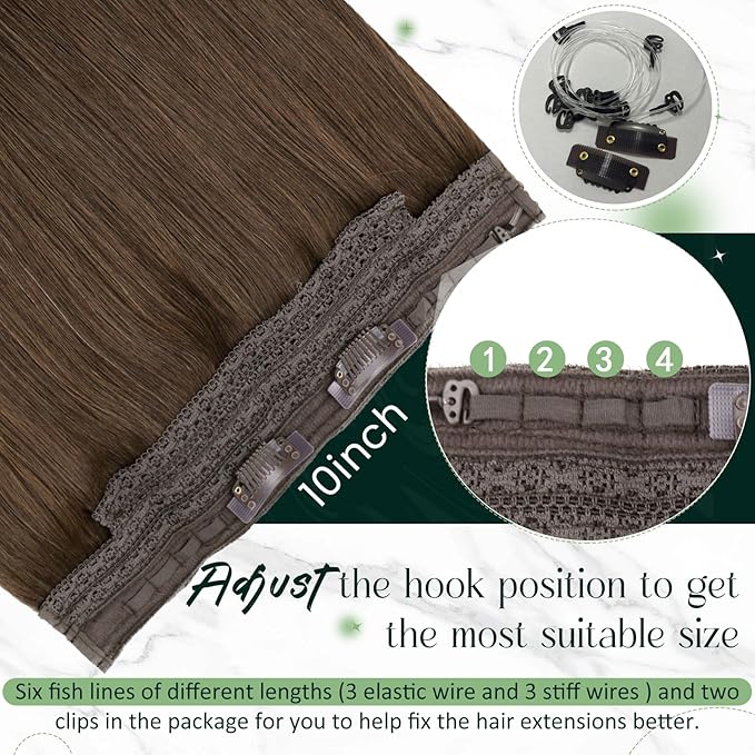 RUNATURE Invisible Wire Hair Extensions Real Human Hair Brown, 14 Inch 70g One Piece, Invisible Wire Hair Extensions Medium Brown, Straight Silky Hair, Add Hair Thickness for Women #4