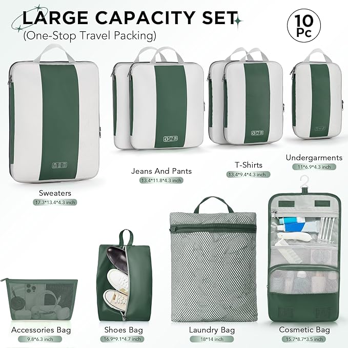 10 Set Compression Packing Cubes for Travel Essentials,Compressible Expandable Packing Cubes for Suitcase,OlarHike Luggage Organizer Bags for Travel,Handy Helper for Organizing Clothes(Dark Green)
