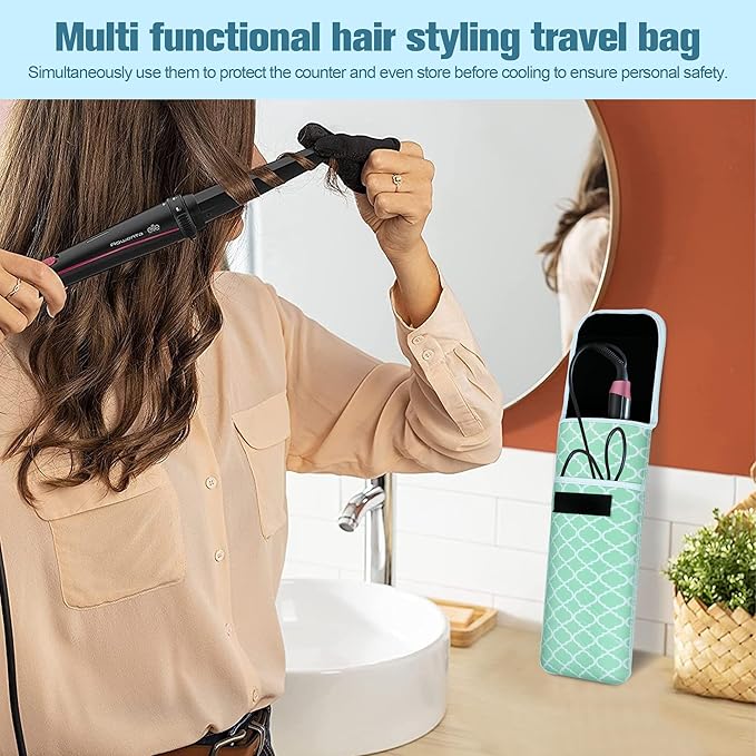 Women's Heat Resistant Neoprene Curling Iron Holder Flat Iron Curling Wand Travel Storage Cover Case Bag Pouch -Water-Resistant (Green-1)
