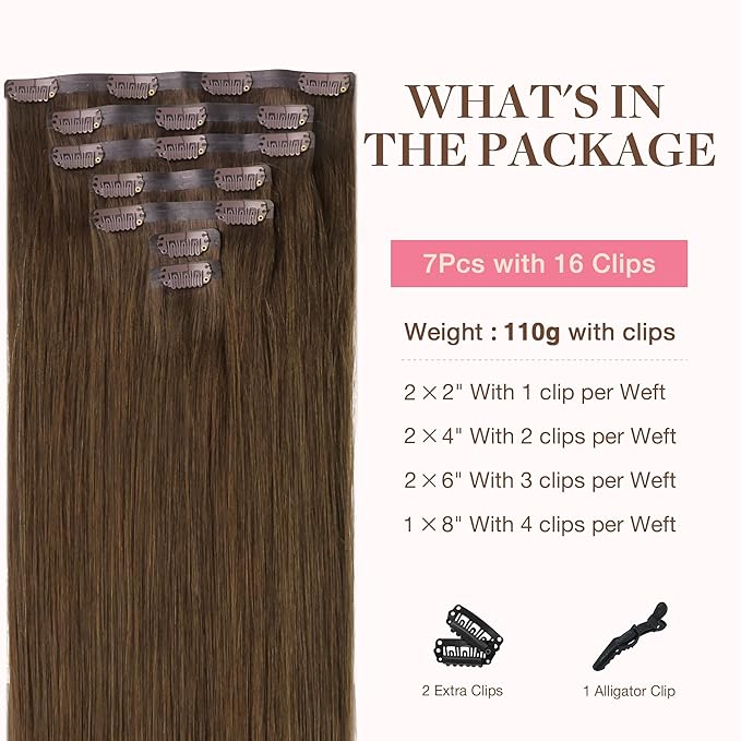 GOO GOO Clip in Hair Extensions Real Human Hair, Remy Human Hair Extensions Clip ins for Women, Natural Human Hair, 16inch 110g 7Pcs, 4A Chocolate Brown