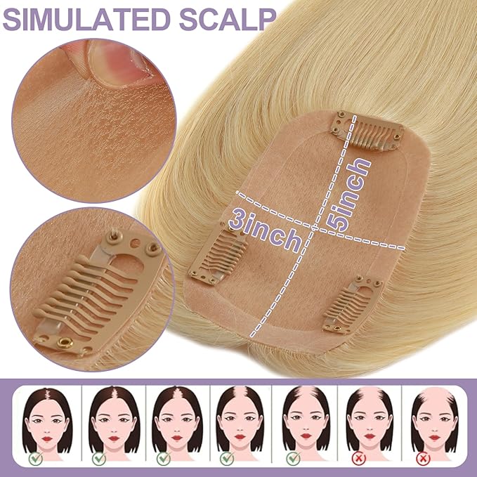 18 Inch Length Hair Toppers for Women with Thinning Hair, 3x5 Inch Injected Silk Base 130% Density Hairpieces #613 Bleach Blonde