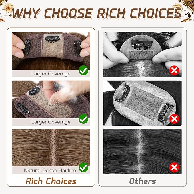 Rich Choices Real Human Hair Toppers for Women With Bang 100% Remy Human Hair Topper for Thinning Hair Clip in Silk Base Hair Topper 10 Inch #4R Chestnut Brown