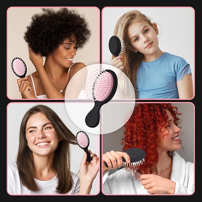 Mini Hair Bursh for Women Men and Kids, Protable Travel Size Hair Brush for Pockets Purse backpack, Mini Detangler Brush for All Hair Types, Small Hair Brush for Detangling(Black&Pink)